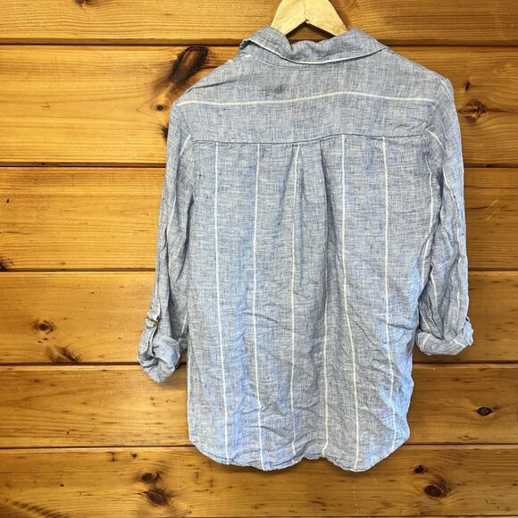 Ellen Tracy Womens 100% Linen Roll Tab Sleeve Popover Blouse Blue Size M - Picture 6 of 6